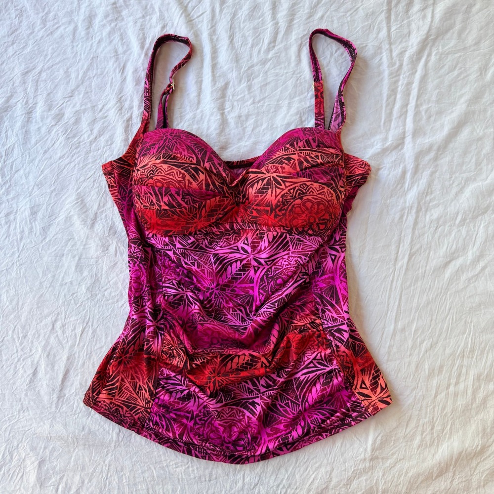 La Blanca Pink Red Tropical Geometric Ruched Underwire Tankini Top Size 8